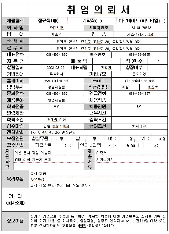 회사명 : 미리코 업종 : 가스검지기, IoT 위치: 경기도 안산시 모집인원 : 3명 지원자격: 기본 문서 작성 가능자, 영어 회화 가능자 우대