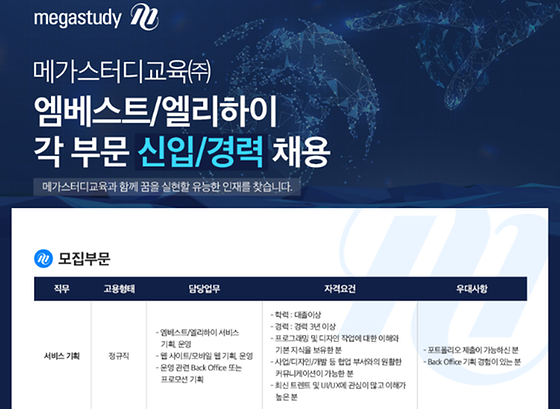 [마감] 메가스터디교육(주) - 엠베스트/엘리하이 각 부분 신입/경력 채용
